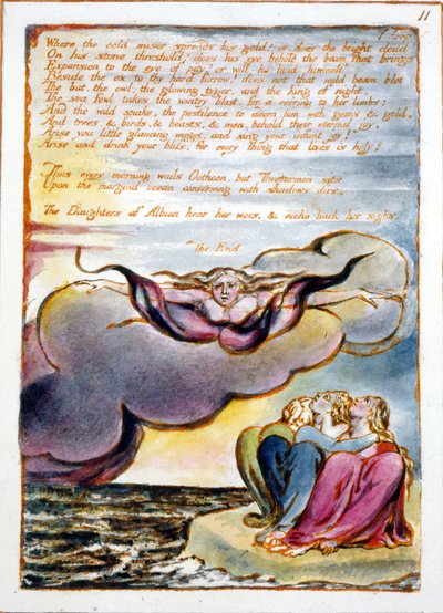 アルビオンの娘たちのビジョン：1793年に設計された「冷たい悪魔が彼の金を広めるところ」は1815年に完成（ペンと紙を使ったレリーフエッチング） 作： William Blake